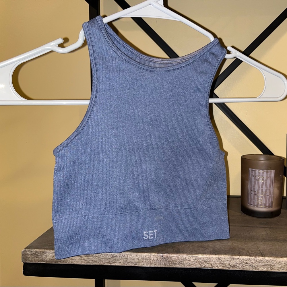 SET ACTIVE High Neck Ribbed Sculptflex Sports Bra Blue